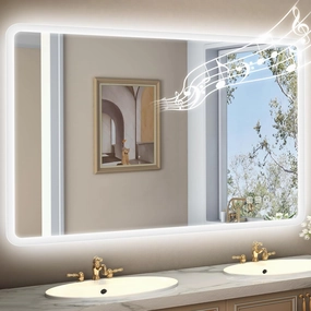 48"x32" LED-Bathroom-Mirror-with-Lights, Wall-Mounted with Bluetooth Speaker, Anti-Fog, 3 Color Temperature, Dimmable Brightness, Waterproof, Tempered Glass, Frontlit & Backlit