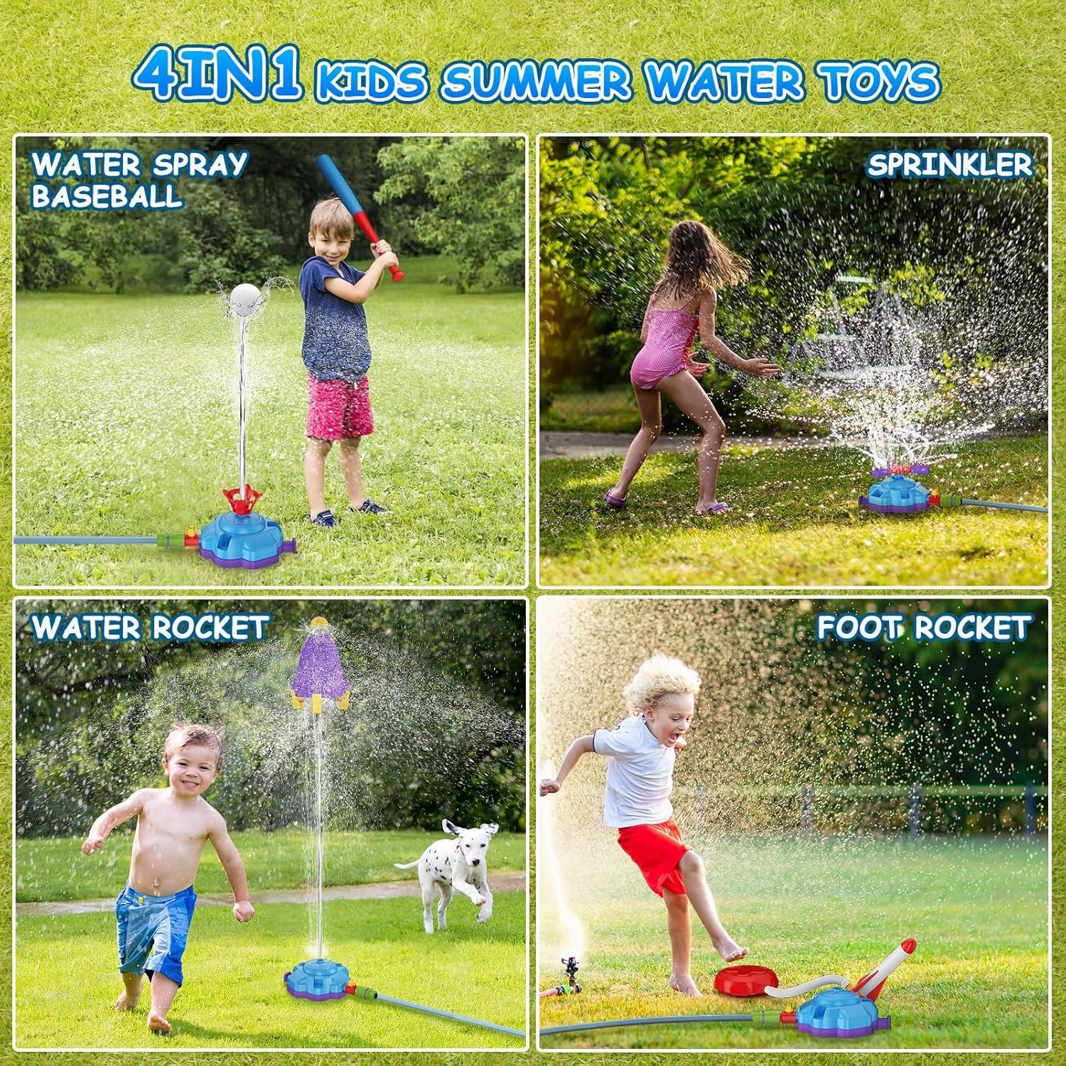 4-in-1 Sprinkler Toys for Kids,Water Outdoor Baseball Rocket Launcher Toy with Water Sprinkler Baseball Toy, Outdoor Sprinkler for Summer Backyard Lawn Pool Party for Kids Ages 3-8(Blue-Purple)