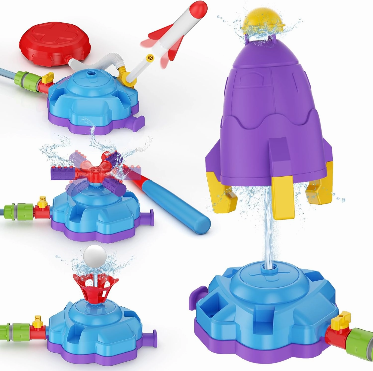4-in-1 Sprinkler Toys for Kids,Water Outdoor Baseball Rocket Launcher Toy with Water Sprinkler Baseball Toy, Outdoor Sprinkler for Summer Backyard Lawn Pool Party for Kids Ages 3-8(Blue-Purple)