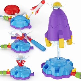 4-in-1 Sprinkler Toys for Kids,Water Outdoor Baseball Rocket Launcher Toy with Water Sprinkler Baseball Toy, Outdoor Sprinkler for Summer Backyard Lawn Pool Party for Kids Ages 3-8(Blue-Purple)