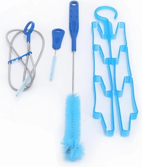 4 in 1 Water Bladder Tube Brush Washing Kit Hydration Bag Washer Set Long Small Flexible Hose Brushes Rack Drying for Camping Hiking Blue