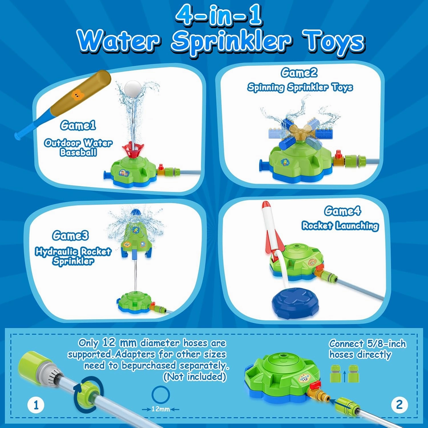 4-in-1 Water Sprinkler for Kids, Water Outdoor Baseball Rocket Launcher Toy with Water Sprinkler Baseball Toy, Outdoor Sprinkler for Summer Backyard Lawn Pool Party for Kids Ages 3-8 (Green)