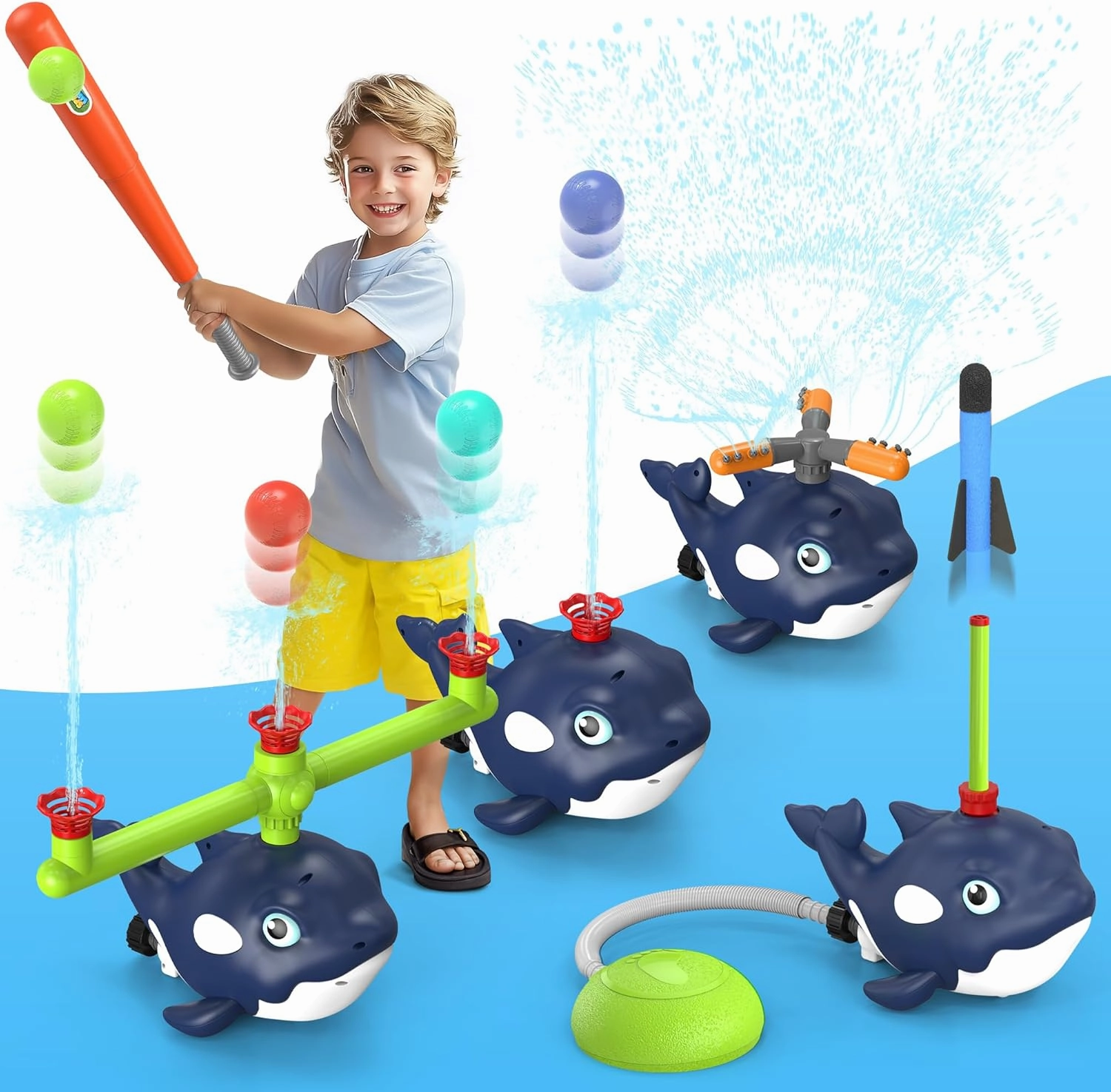 4-in-1 Whale Water Sprinkler Baseball Set for Kids,Summer Water Toy with 3 Jets, 4 Balls and Rocket Launch Game, Kids Sprinklers with 360° Rotating Sprinkler,Outdoor Water Toys for Age 3  Years