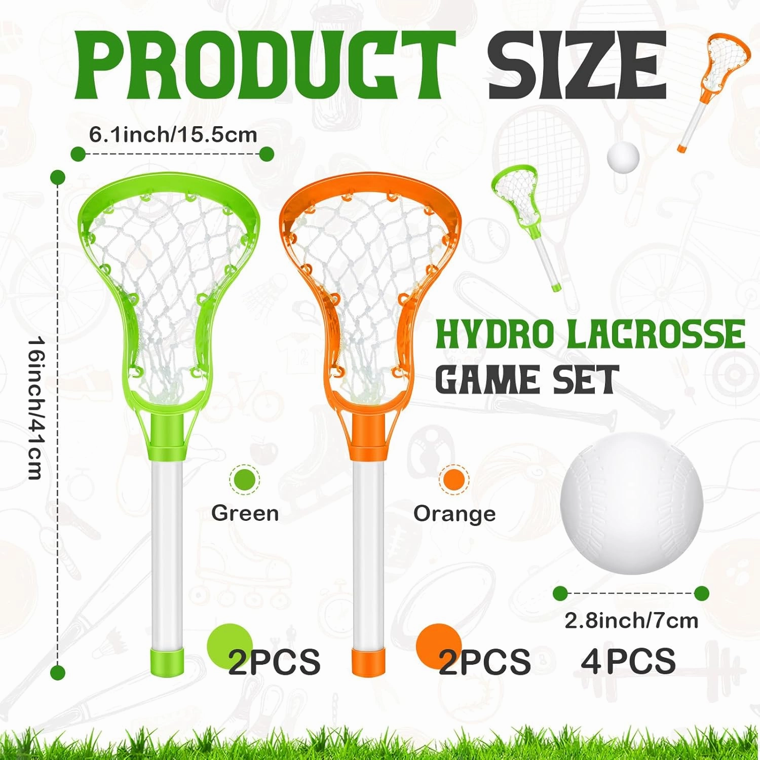 4 Lacrosse Stick and Ball Set, Includes 8 Water Lacrosse Sticks for Pool and 4 Balls Plastic Game Set for Kids Teens Adults Youth Outdoor Beach Sports Summer(Green, Orange)