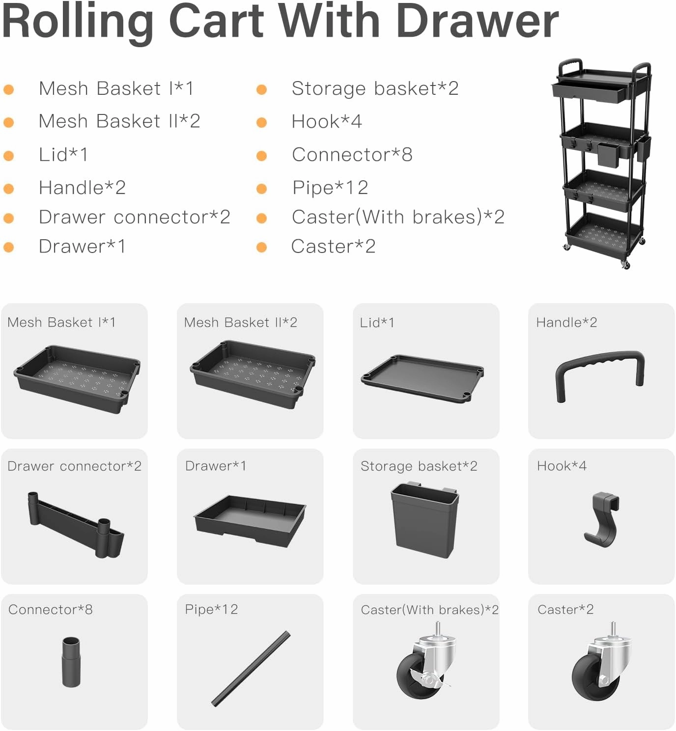 4 Tier Rolling Utility Cart with Drawer,REBECAT Utility Cart Made of Multifunctional Storage Organizer Tool for Kitchen,Bathroom,Living Room,Office(Black)