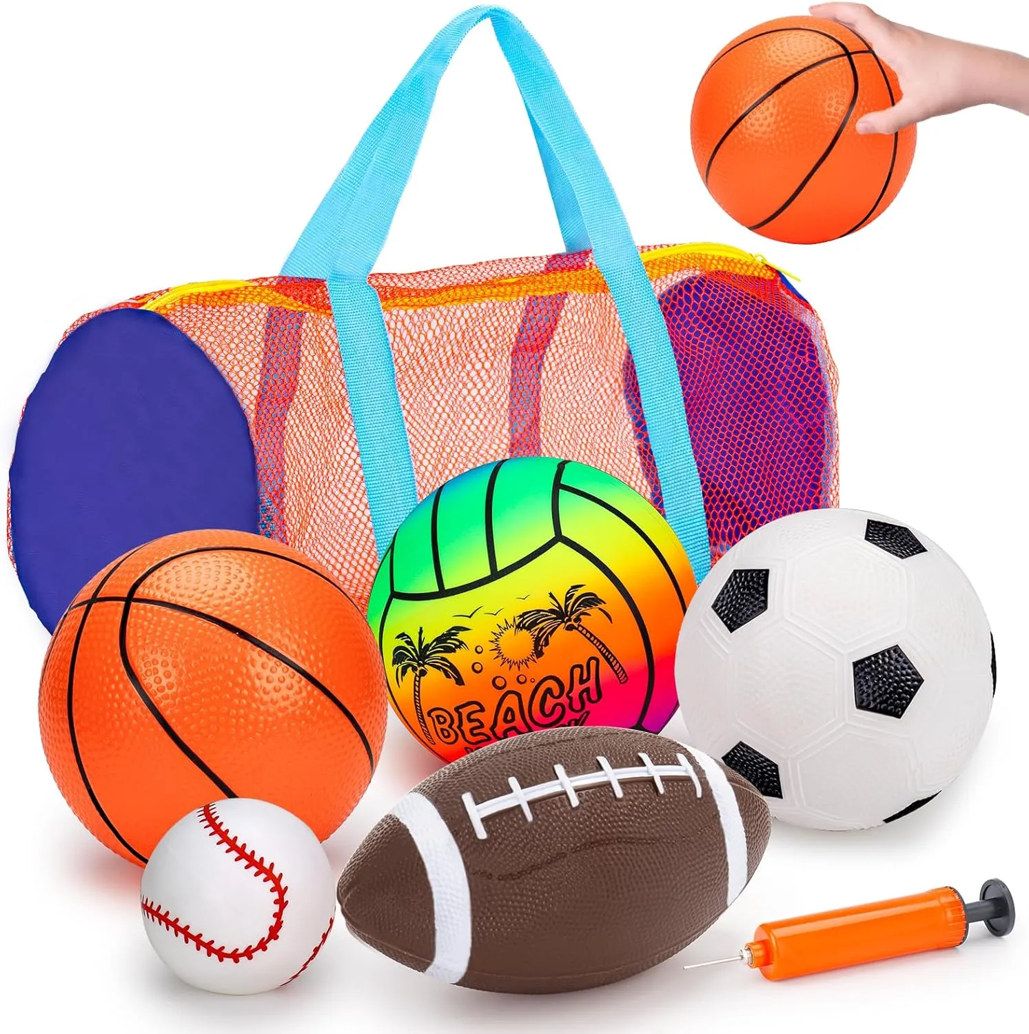5 Pack Sports Balls Set for Kids with Bag Balls for Toddlers 1-3 Football Soccer Basketball Baseball Volleyball Outdoor Toys Sport Bouncy Playground Kickball Hand Pump Outside Toddler 1-3 2-4 3-5 Gift