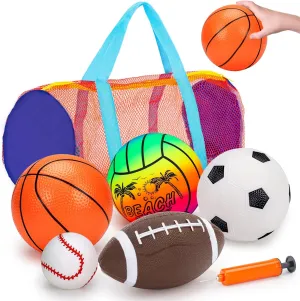 5 Pack Sports Balls Set for Kids with Bag Balls for Toddlers 1-3 Football Soccer Basketball Baseball Volleyball Outdoor Toys Sport Bouncy Playground Kickball Hand Pump Outside Toddler 1-3 2-4 3-5 Gift