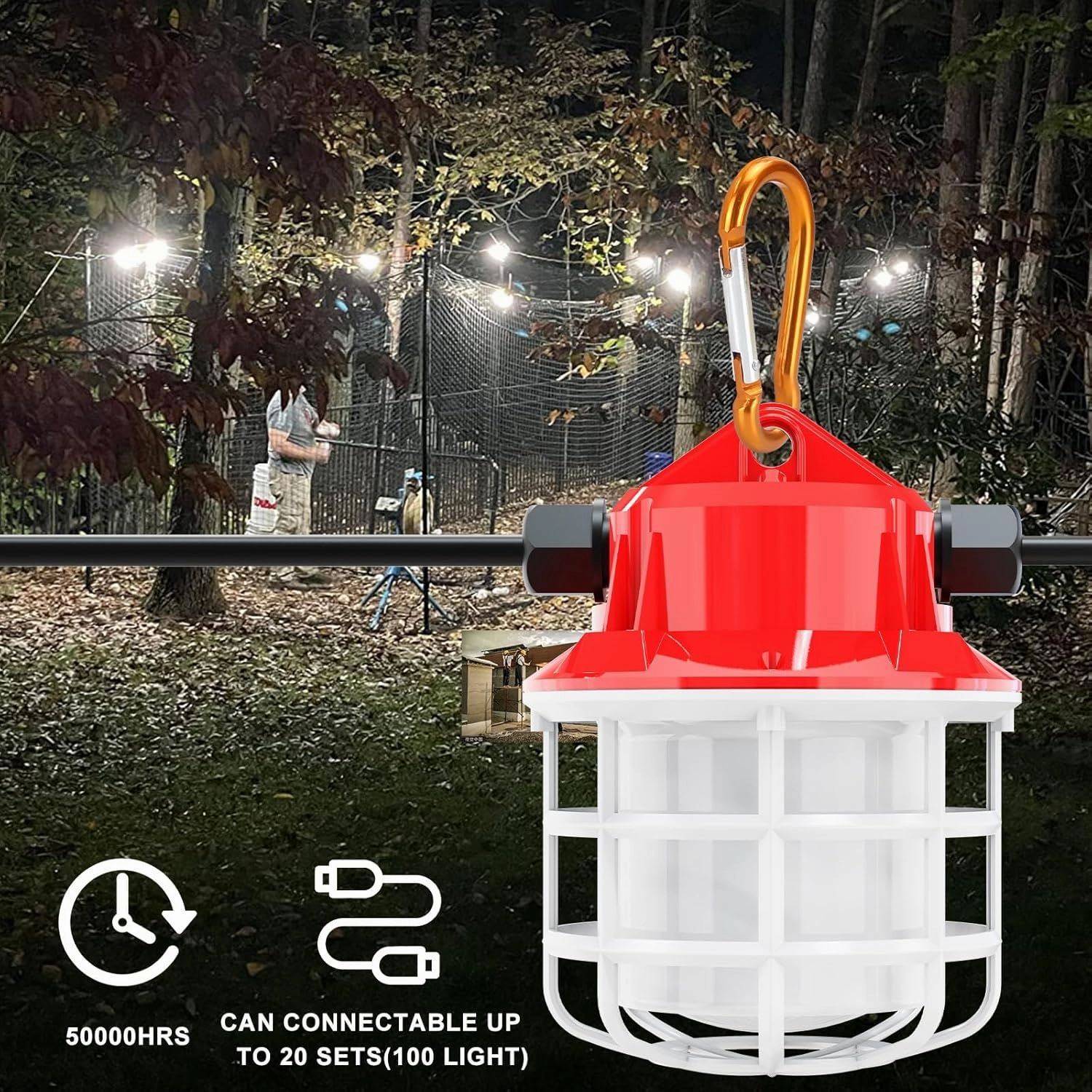 50FT Construction Lights 75w 7500lm Super Bright Industrial Grade Best Construction String Lights for temporary Construction lighting Outdoor Lighting,Temporary Work Lighting,String Work Lighting