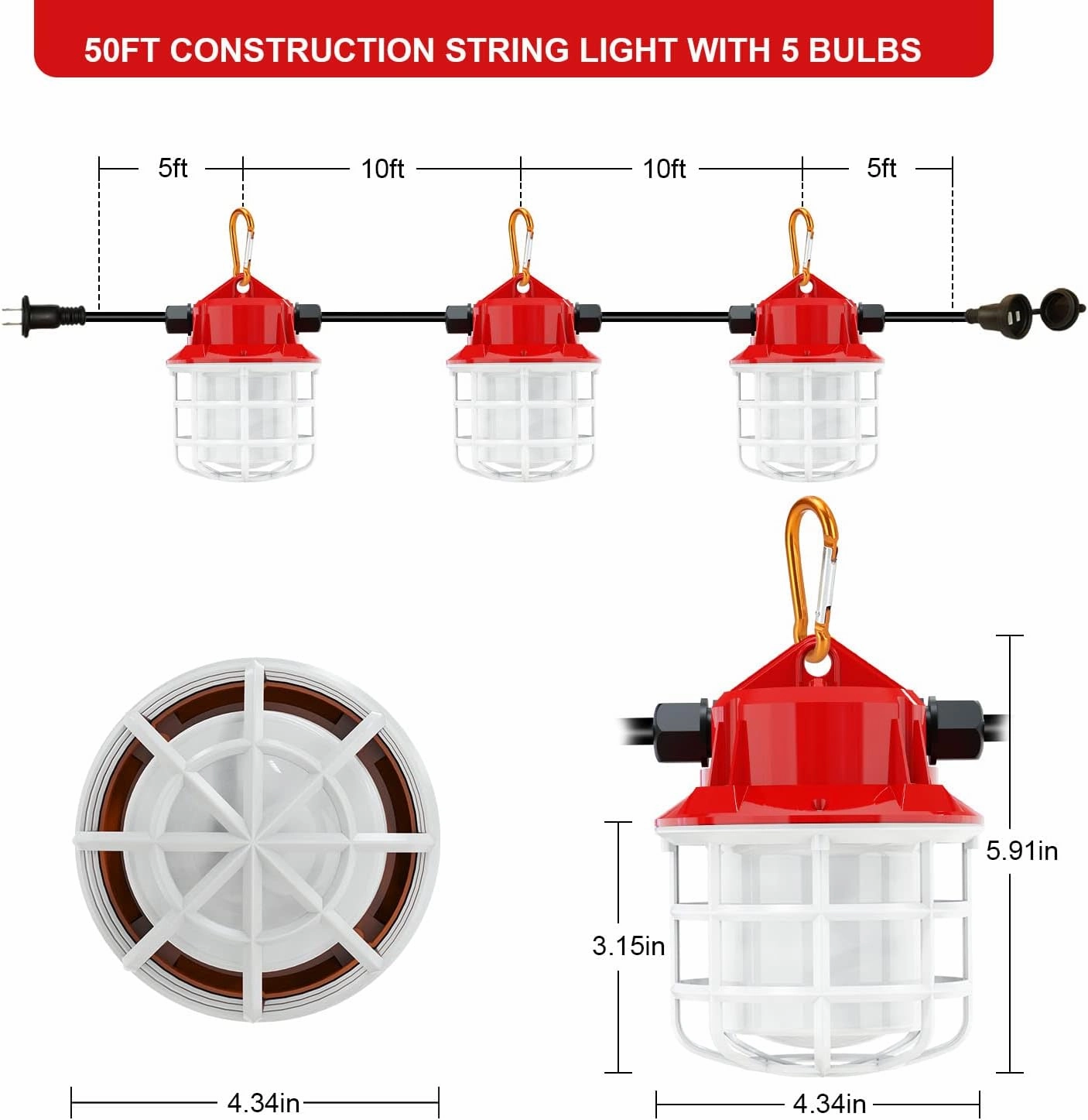 50FT Construction Lights 75w 7500lm Super Bright Industrial Grade Best Construction String Lights for temporary Construction lighting Outdoor Lighting,Temporary Work Lighting,String Work Lighting