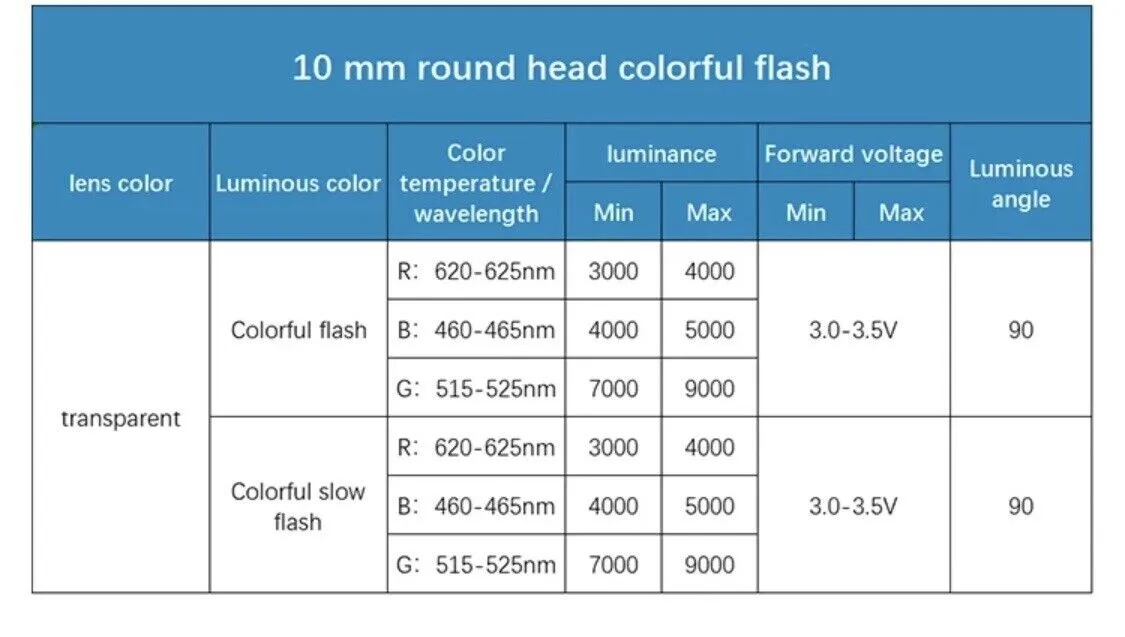 50PCS 10mm LED Light Emitting Diode RGB 7 Colour SLOW flash Round DIFFUSED Top
