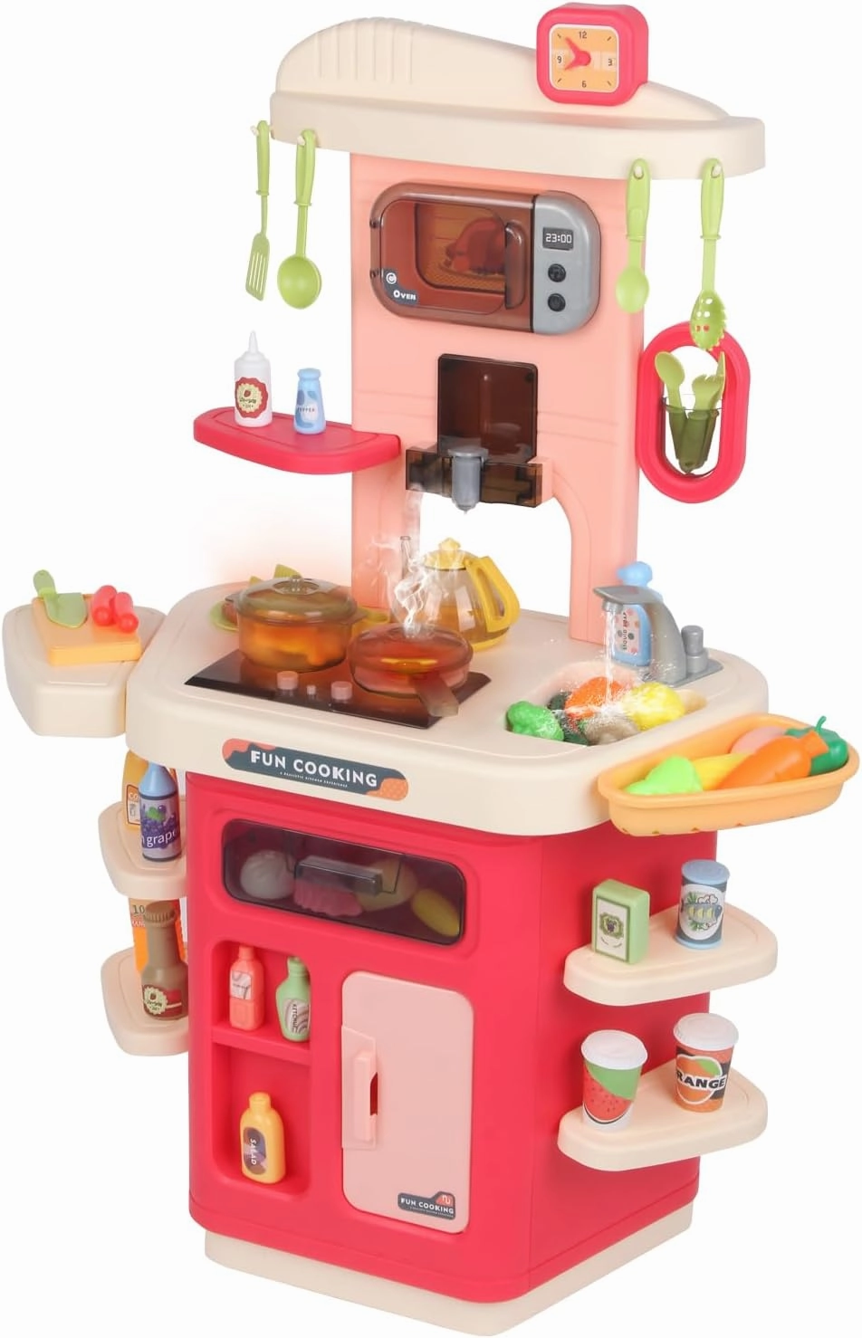 53 Pcs Kids Kitchen Playset，Kitchen Set for Toddlers 3-8，Realistic Lighting, Sound and Spray Functions,Pretend Kitchen Toys for Kids Girls Boys(Pink)