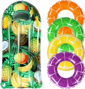 5 Pack Pool Floats Fruit Inflatable Pool Floats Swimming Ring Lemon Swim Tube Rings with Inflatable Surfboard for Luau Hawaiian Theme Beach Birthday Party Decoration Sea