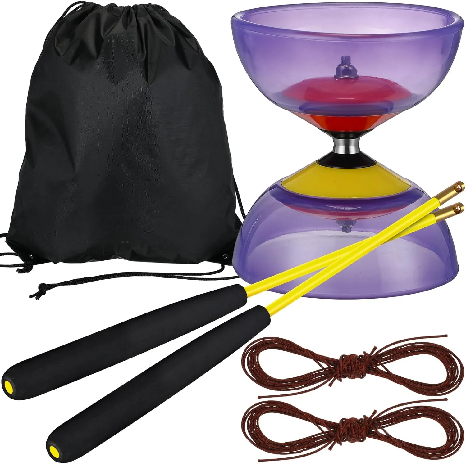 6 Pieces Chinese Diabolo Toy Set Includes 5 Inches Five Bearings Diabolo Ball Toys with 2 Pieces Alloy Diabolo Sticks 2 Pieces Ropes Drawstring Bag for Fun (Purple)
