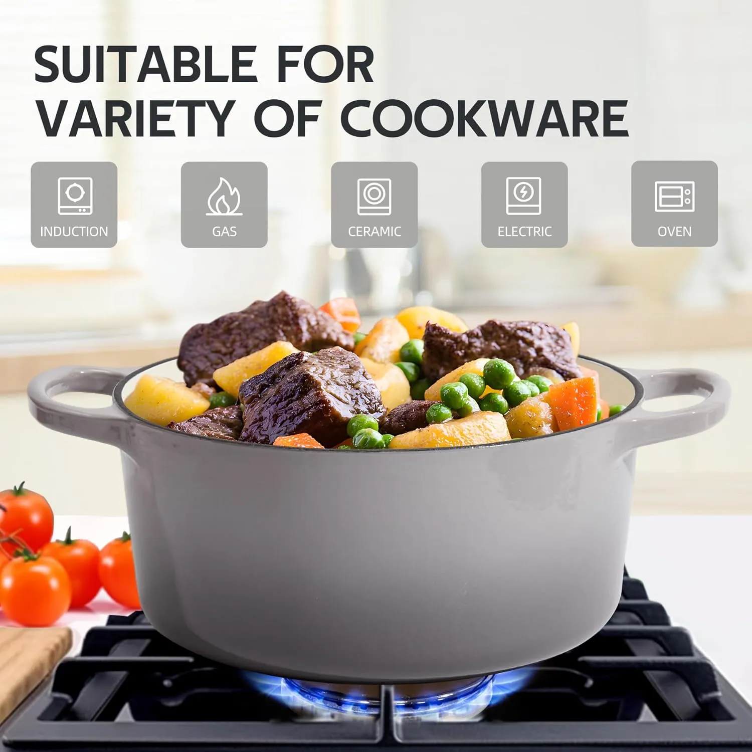 6 Quart Dutch Oven Enameled Cast Iron with Lid - Big Dual Handles - Oven Safe up to 500°F - Classic Round Pot for Versatile Cooking Light Gray