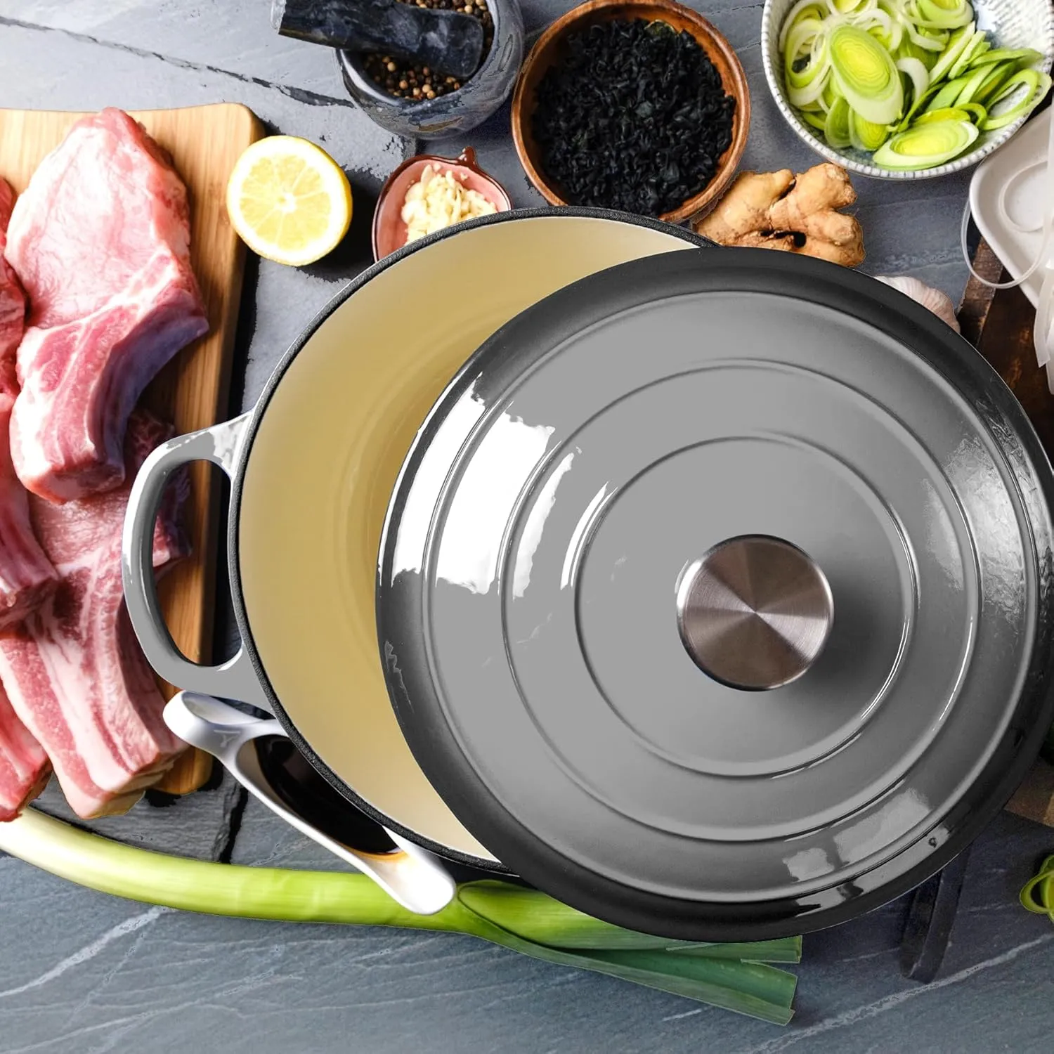 6 Quart Dutch Oven Enameled Cast Iron with Lid - Big Dual Handles - Oven Safe up to 500°F - Classic Round Pot for Versatile Cooking Light Gray