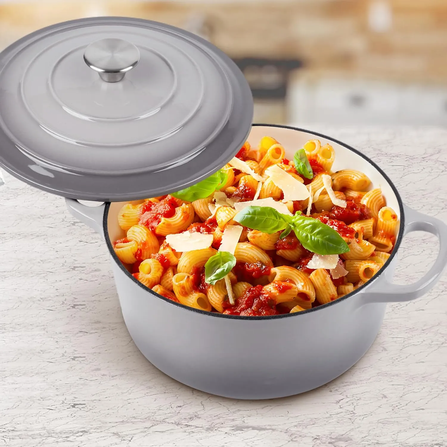 6 Quart Dutch Oven Enameled Cast Iron with Lid - Big Dual Handles - Oven Safe up to 500°F - Classic Round Pot for Versatile Cooking Light Gray