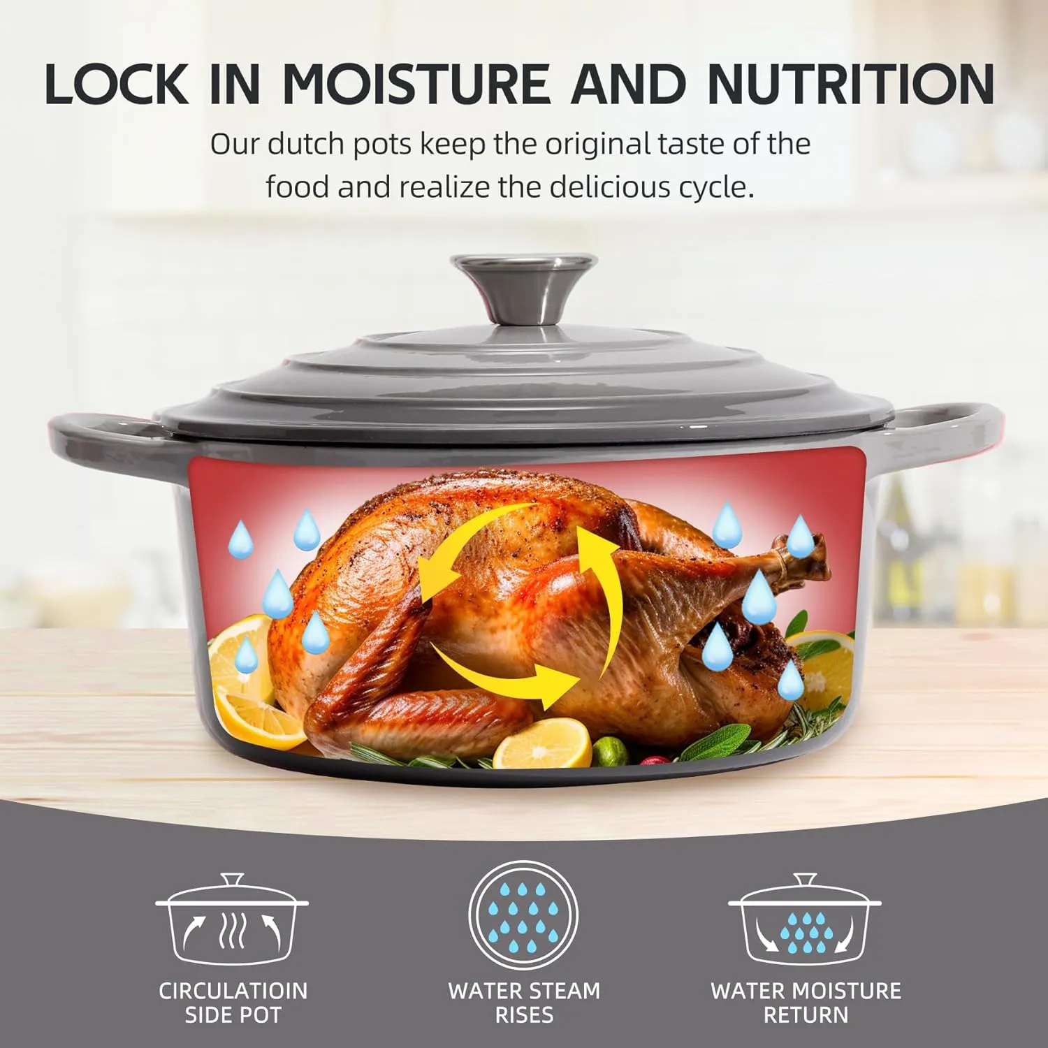 6 Quart Dutch Oven Enameled Cast Iron with Lid - Big Dual Handles - Oven Safe up to 500°F - Classic Round Pot for Versatile Cooking Light Gray