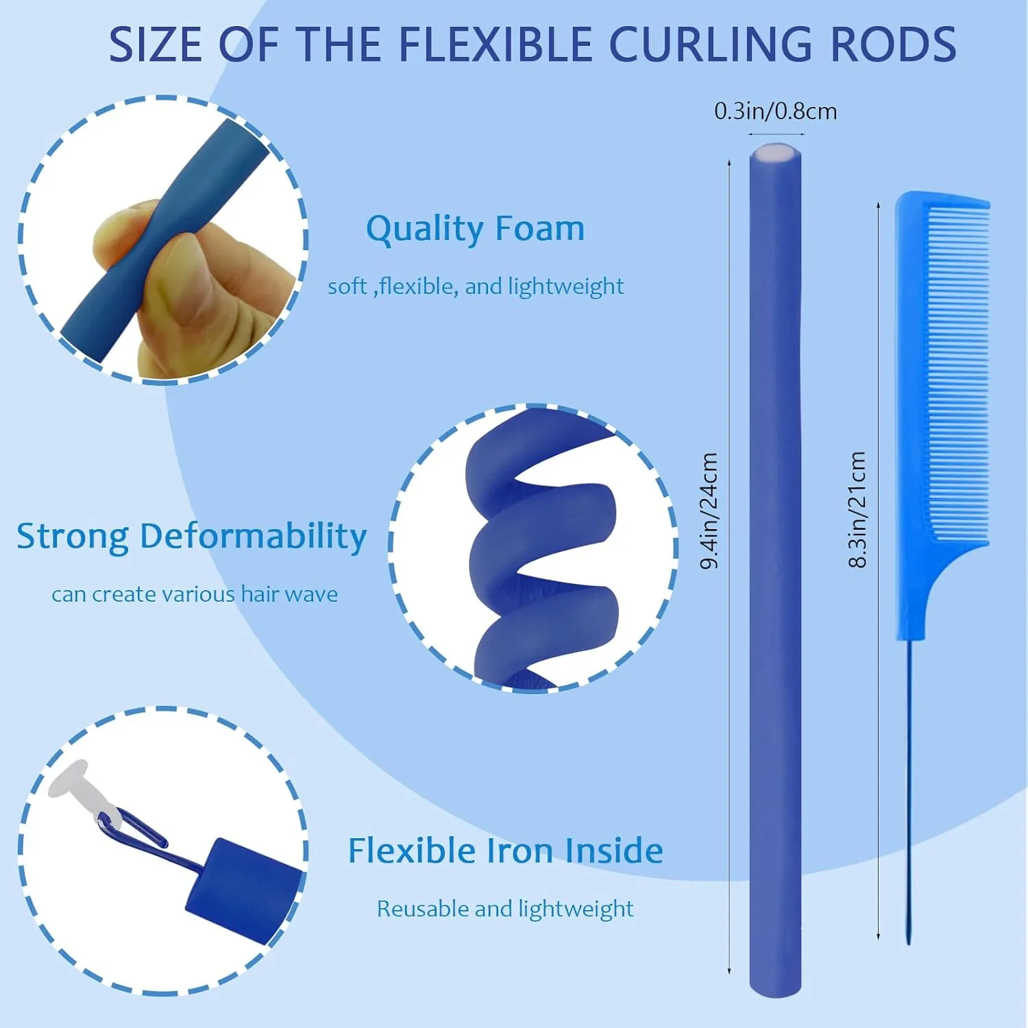 60 Pieces Flexible Curling Rods 9.45 x 0.31 inches, Soft Foam No Heat Hair Rollers for Long Hair Short Hair Women Girls, Hair Curlers Set with Steel Pintail Rat Tail Comb, Dark Blue