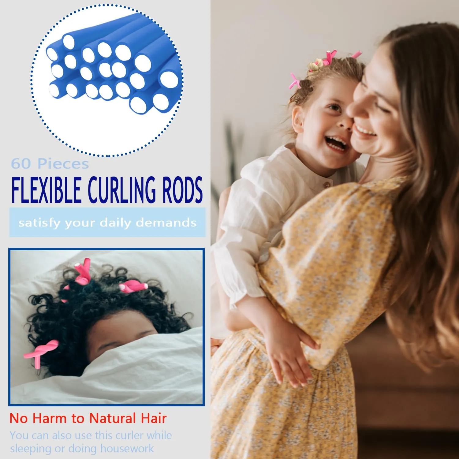 60 Pieces Flexible Curling Rods 9.45 x 0.31 inches, Soft Foam No Heat Hair Rollers for Long Hair Short Hair Women Girls, Hair Curlers Set with Steel Pintail Rat Tail Comb, Dark Blue