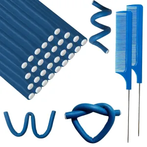 60 Pieces Flexible Curling Rods 9.45 x 0.31 inches, Soft Foam No Heat Hair Rollers for Long Hair Short Hair Women Girls, Hair Curlers Set with Steel Pintail Rat Tail Comb, Dark Blue