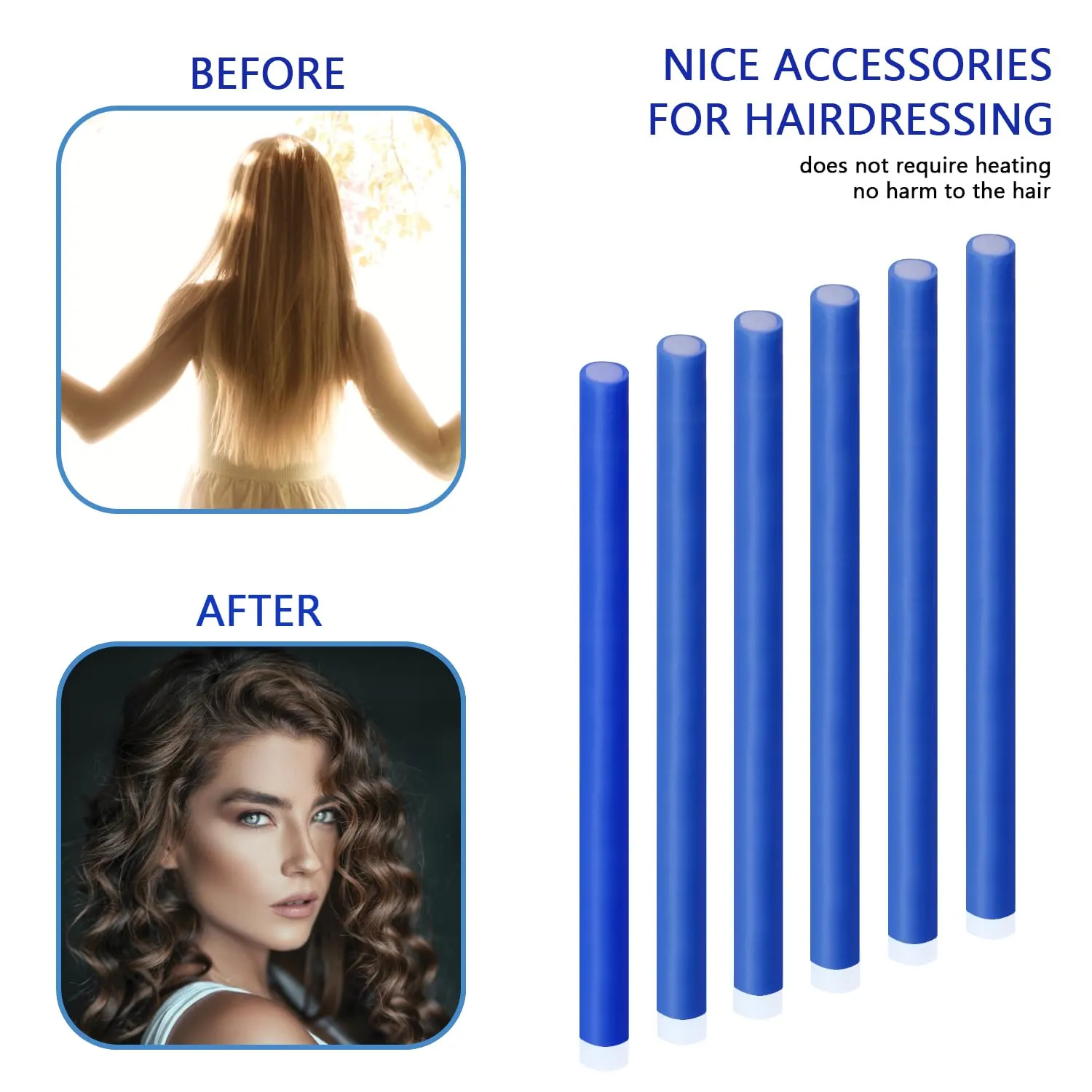 60 Pieces Flexible Curling Rods 9.45 x 0.31 inches, Soft Foam No Heat Hair Rollers for Long Hair Short Hair Women Girls, Hair Curlers Set with Steel Pintail Rat Tail Comb, Dark Blue