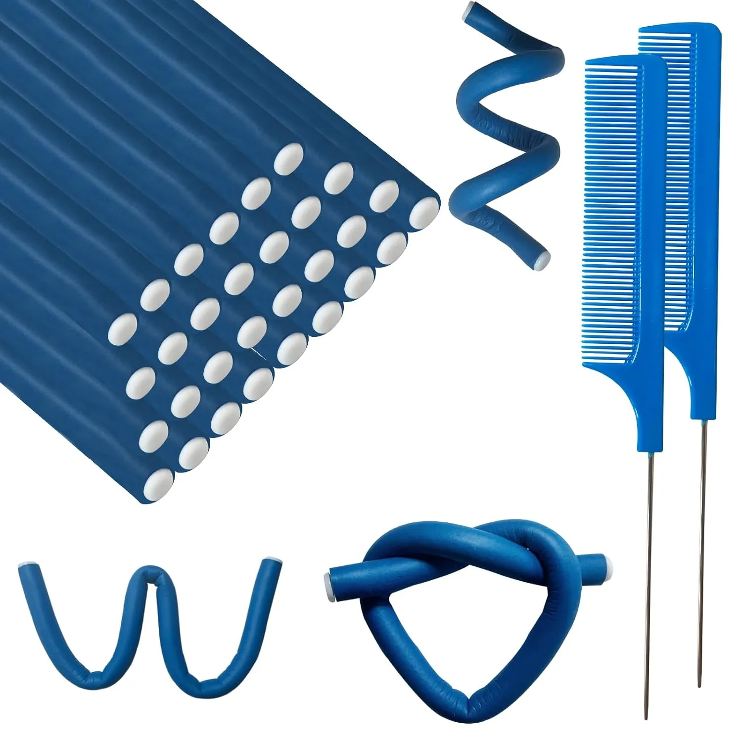60 Pieces Flexible Curling Rods 9.45 x 0.31 inches, Soft Foam No Heat Hair Rollers for Long Hair Short Hair Women Girls, Hair Curlers Set with Steel Pintail Rat Tail Comb, Dark Blue