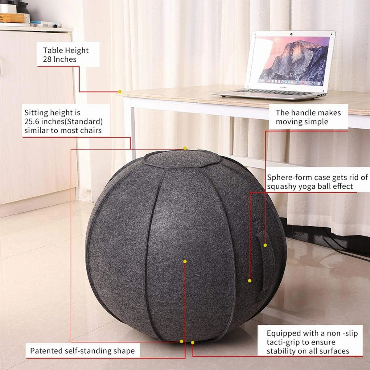 65cm Sitting Ball Chair for Office, Dorm, and Home, Pilates Exercise Yoga Ball with Cover, Lightweight Self-Standing Ergonomic Posture Activating Exercise Ball Solution with Handle and Pump