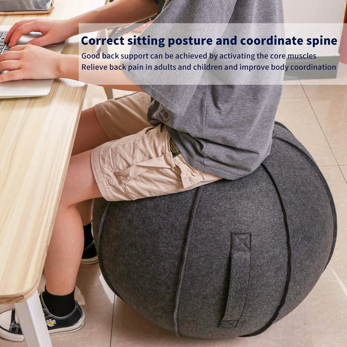 65cm Sitting Ball Chair for Office, Dorm, and Home, Pilates Exercise Yoga Ball with Cover, Lightweight Self-Standing Ergonomic Posture Activating Exercise Ball Solution with Handle and Pump