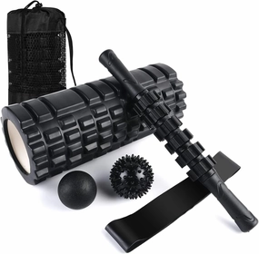 6 in1 Foam Roller Set, Trigger Point Foam Roller, Yoga Stick, Massage Ball, Fixation Ball, Fitness Stretching Strap, Carrying Bag, Towel for Deep Muscle Massage Pilates Yoga