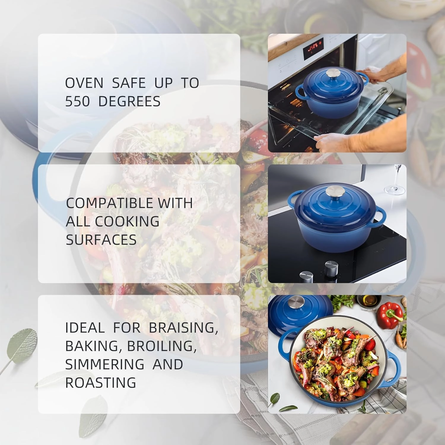 6 Quart Dutch Oven Enameled Cast Iron with Lid - Big Dual Handles - Oven Safe up to 500°F - Classic Round Pot for Versatile Cooking Blue
