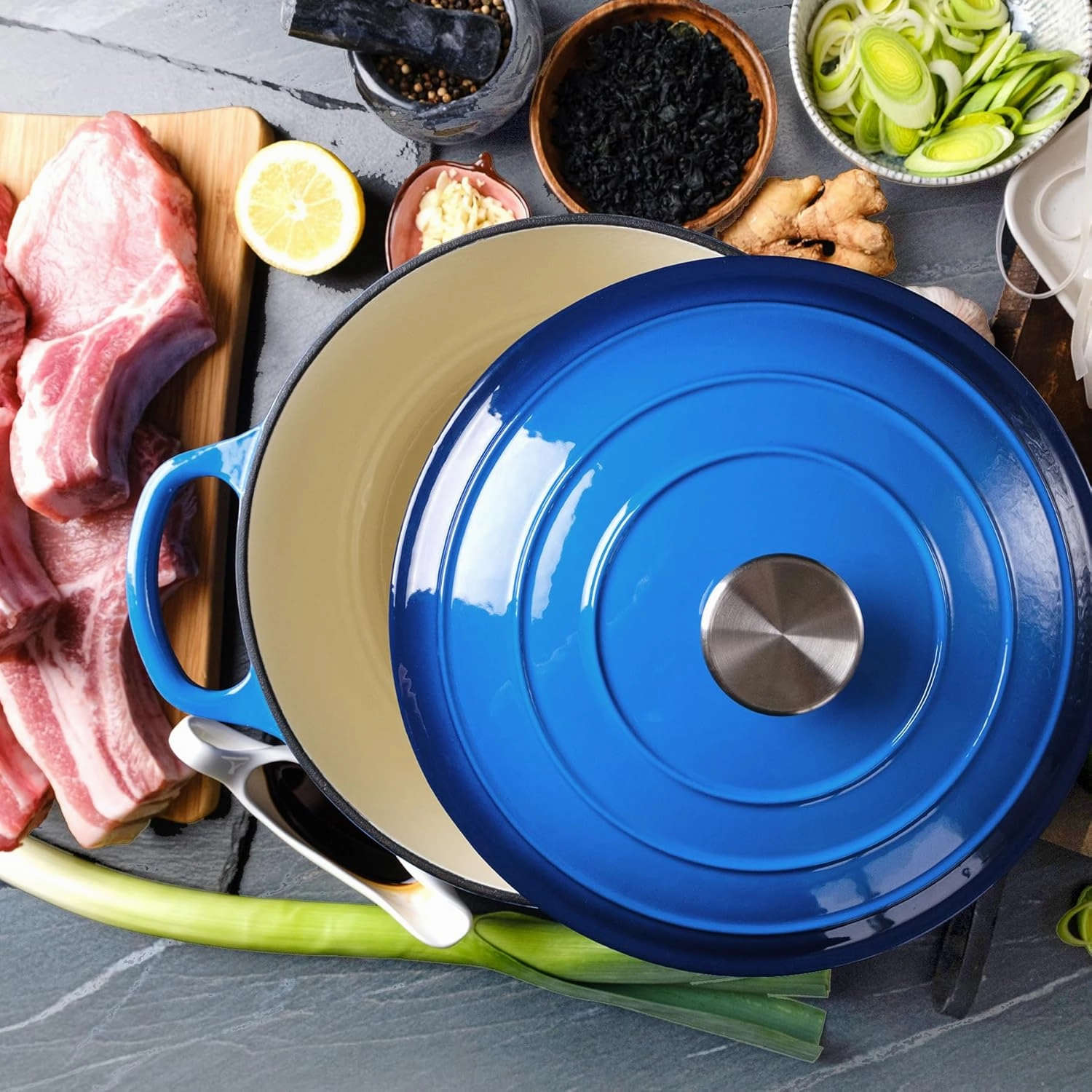 6 Quart Dutch Oven Enameled Cast Iron with Lid - Big Dual Handles - Oven Safe up to 500°F - Classic Round Pot for Versatile Cooking Blue