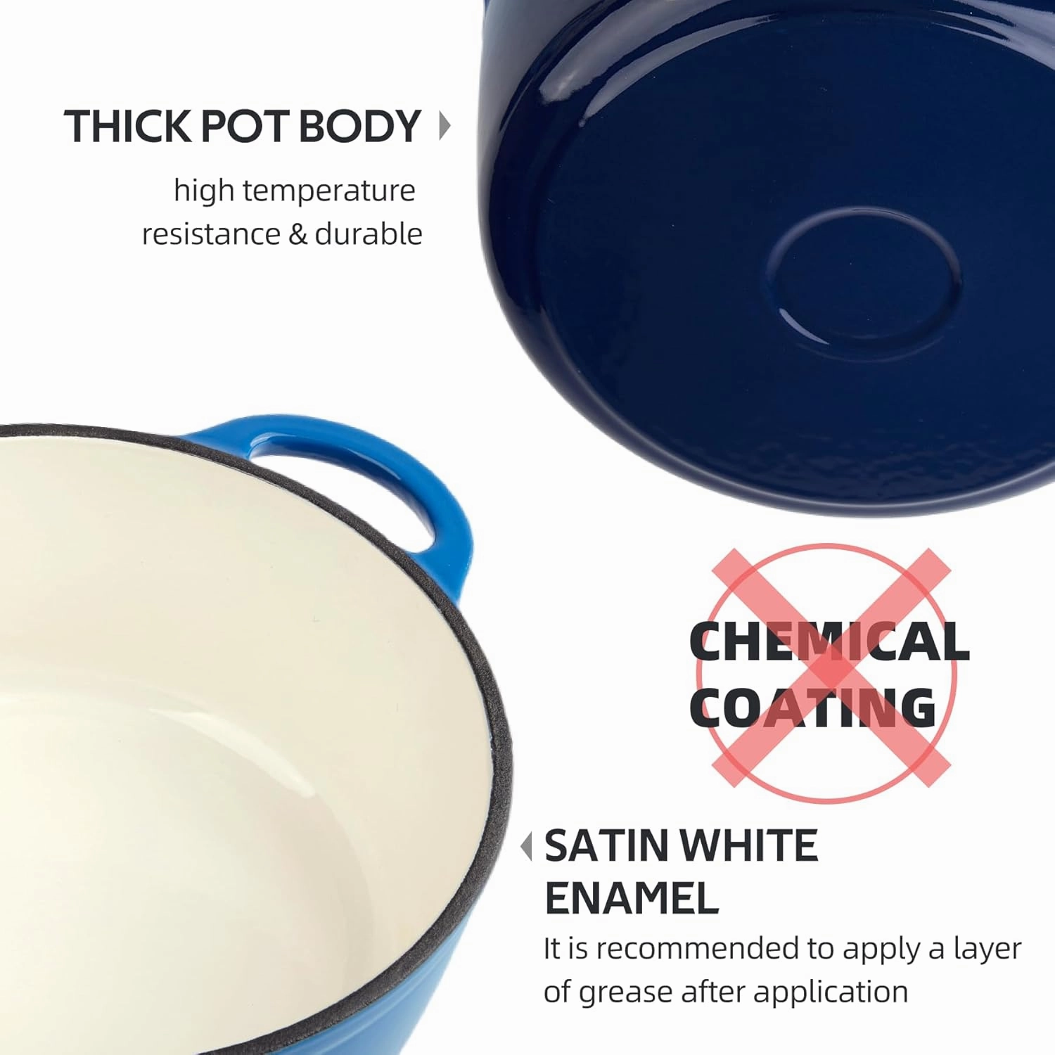 6 Quart Dutch Oven Enameled Cast Iron with Lid - Big Dual Handles - Oven Safe up to 500°F - Classic Round Pot for Versatile Cooking Blue