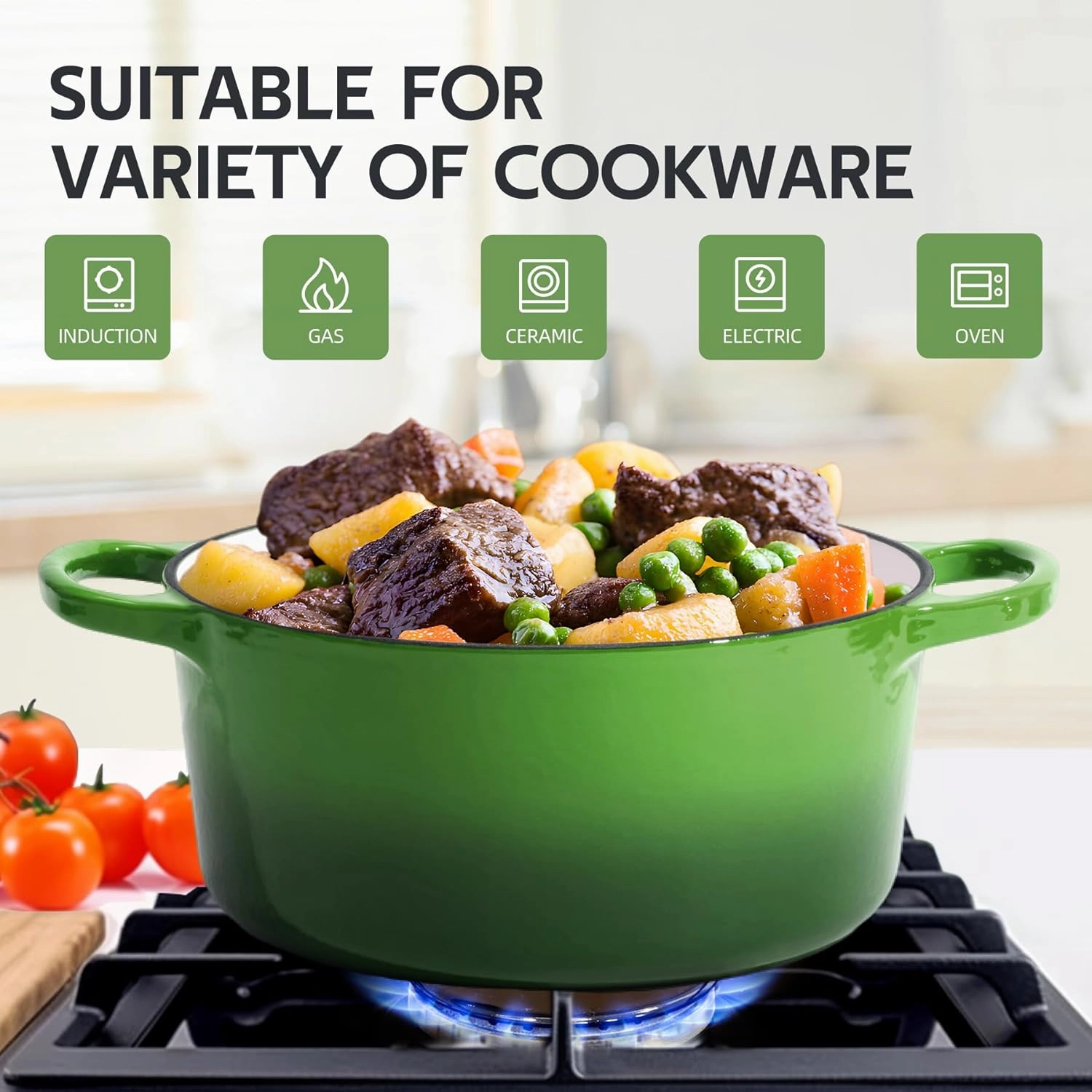 6 Quart Dutch Oven Enameled Cast Iron with Lid - Big Dual Handles - Oven Safe up to 500°F - Classic Round Pot for Versatile Cooking Green