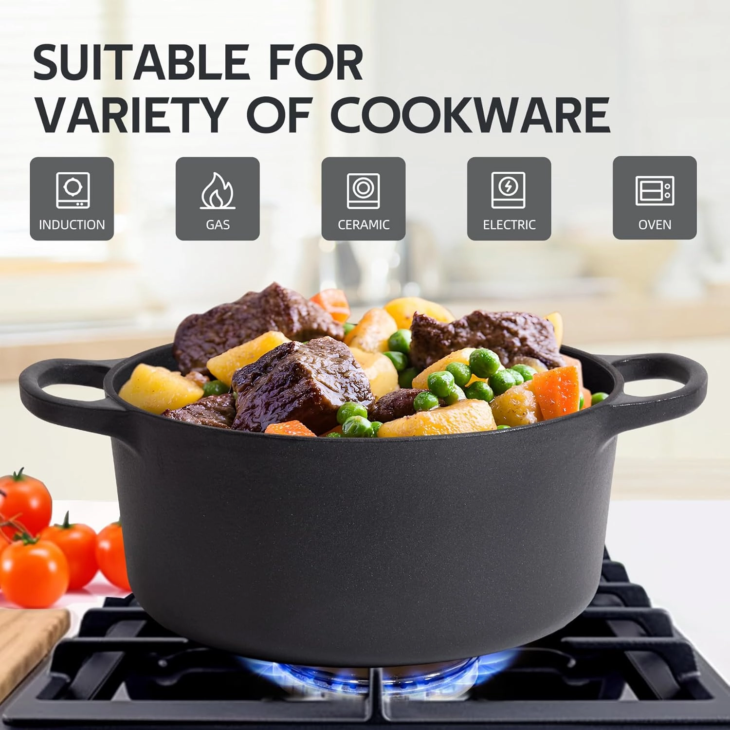 6 Quart Dutch Oven Enameled Cast Iron with Lid - Big Dual Handles - Oven Safe up to 500°F - Classic Round Pot for Versatile Cooking Matte Black(No Enameled)