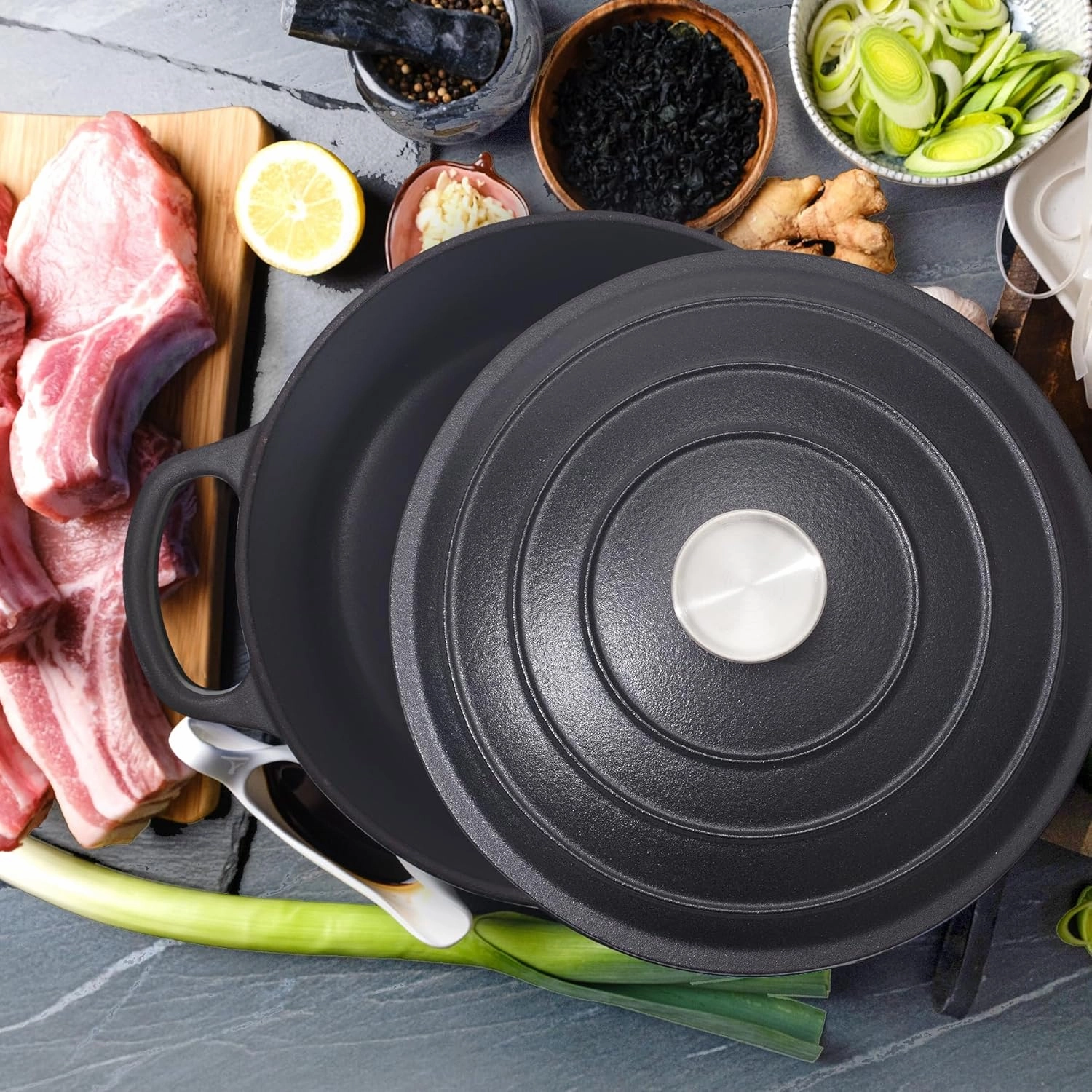 6 Quart Dutch Oven Enameled Cast Iron with Lid - Big Dual Handles - Oven Safe up to 500°F - Classic Round Pot for Versatile Cooking Matte Black(No Enameled)