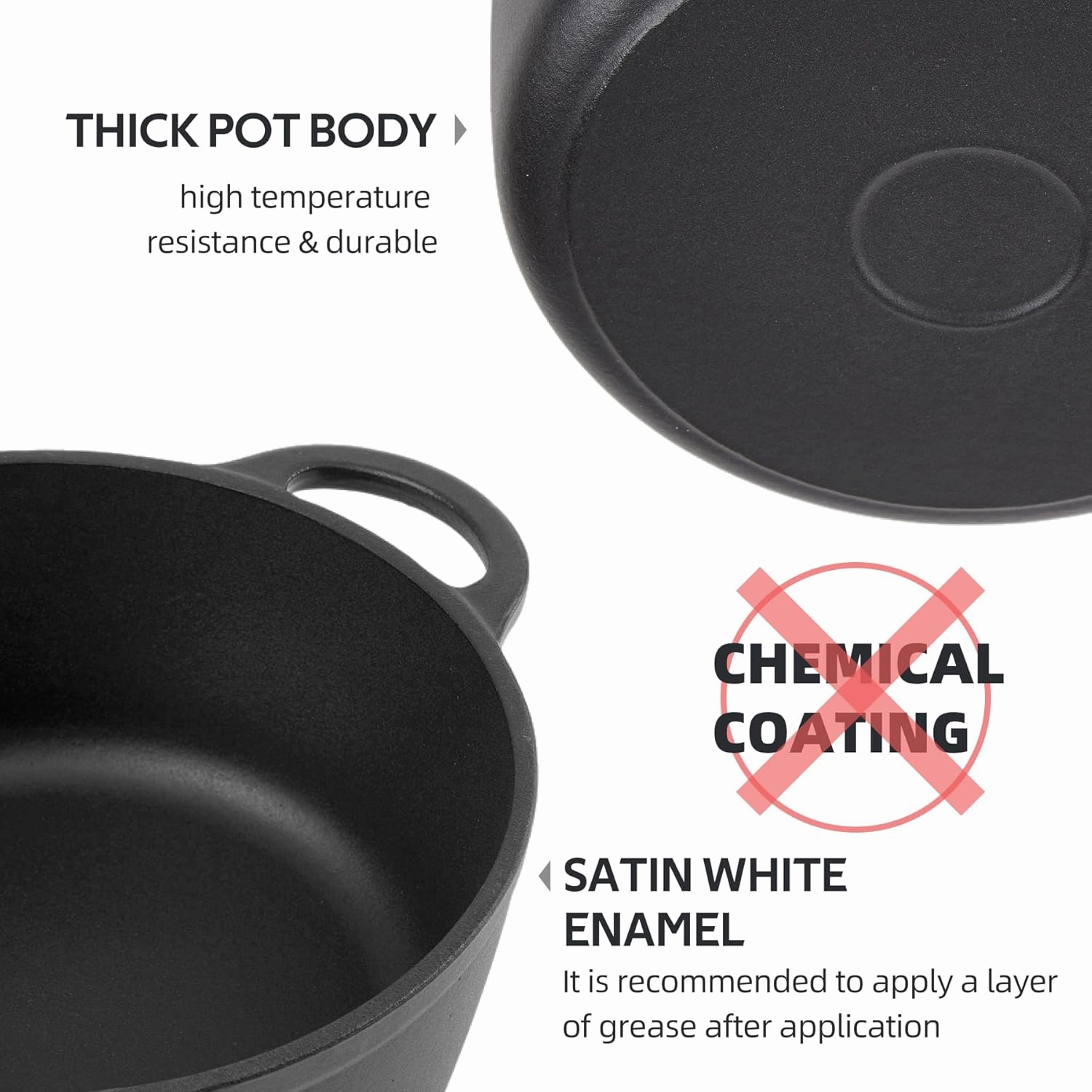 6 Quart Dutch Oven Enameled Cast Iron with Lid - Big Dual Handles - Oven Safe up to 500°F - Classic Round Pot for Versatile Cooking Matte Black(No Enameled)
