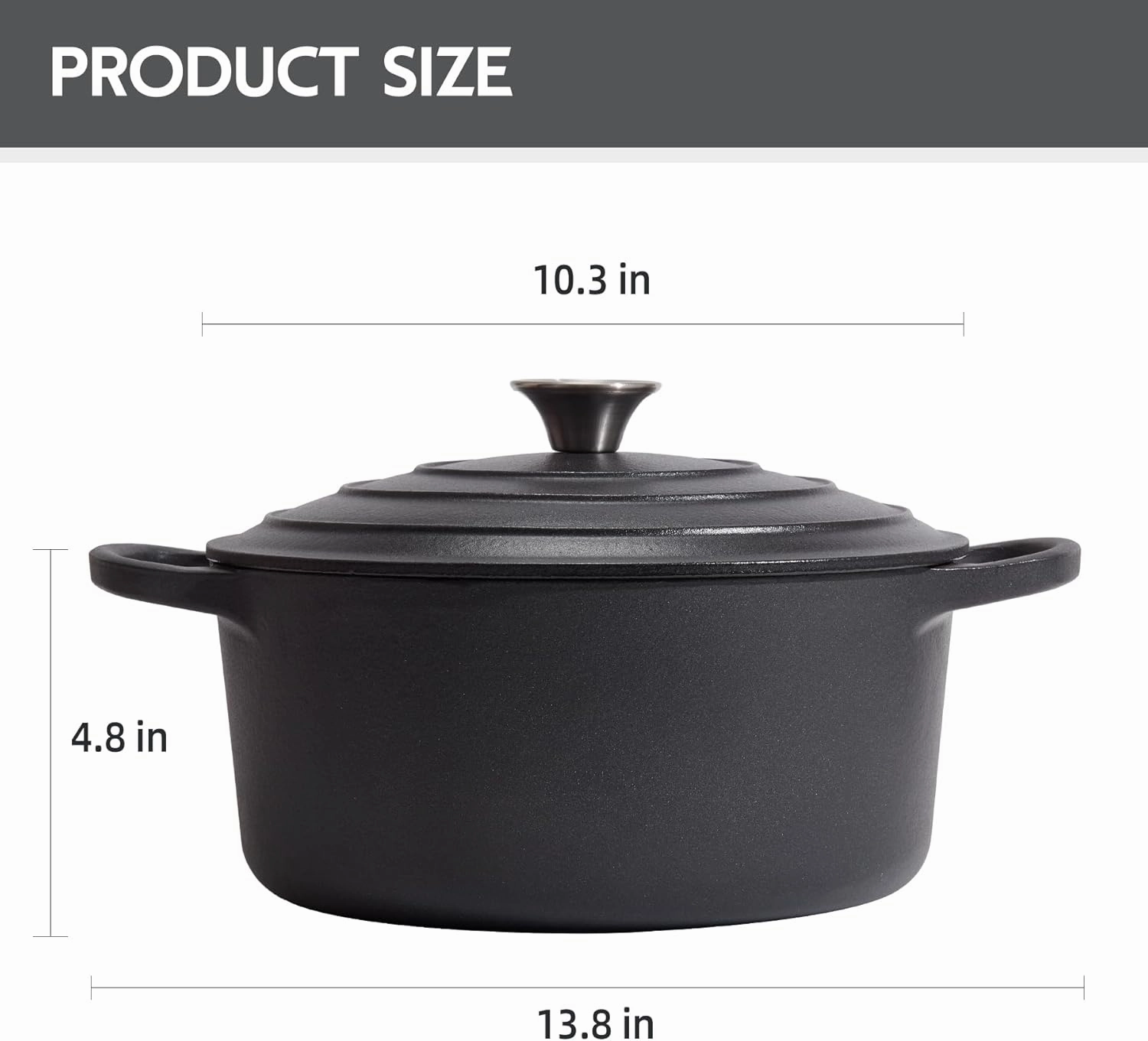 6 Quart Dutch Oven Enameled Cast Iron with Lid - Big Dual Handles - Oven Safe up to 500°F - Classic Round Pot for Versatile Cooking Matte Black(No Enameled)
