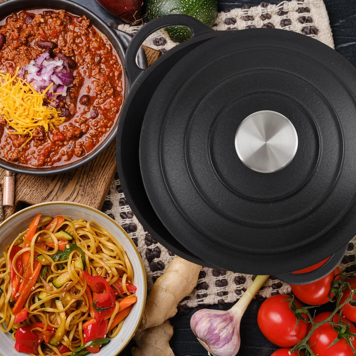 6 Quart Dutch Oven Enameled Cast Iron with Lid - Big Dual Handles - Oven Safe up to 500°F - Classic Round Pot for Versatile Cooking Matte Black(No Enameled)