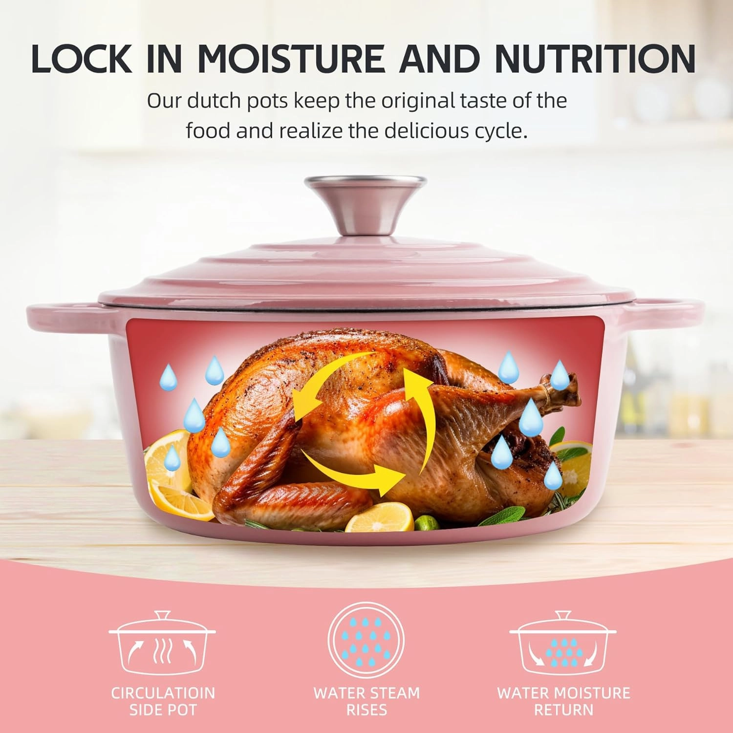 6 Quart Enameled Cast Iron Dutch Oven with Lid - Big Dual Handles - Oven Safe up to 500°F - Classic Round Pot for Versatile Cooking Pink