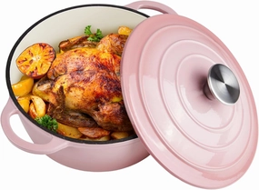 6 Quart Enameled Cast Iron Dutch Oven with Lid - Big Dual Handles - Oven Safe up to 500°F - Classic Round Pot for Versatile Cooking Pink