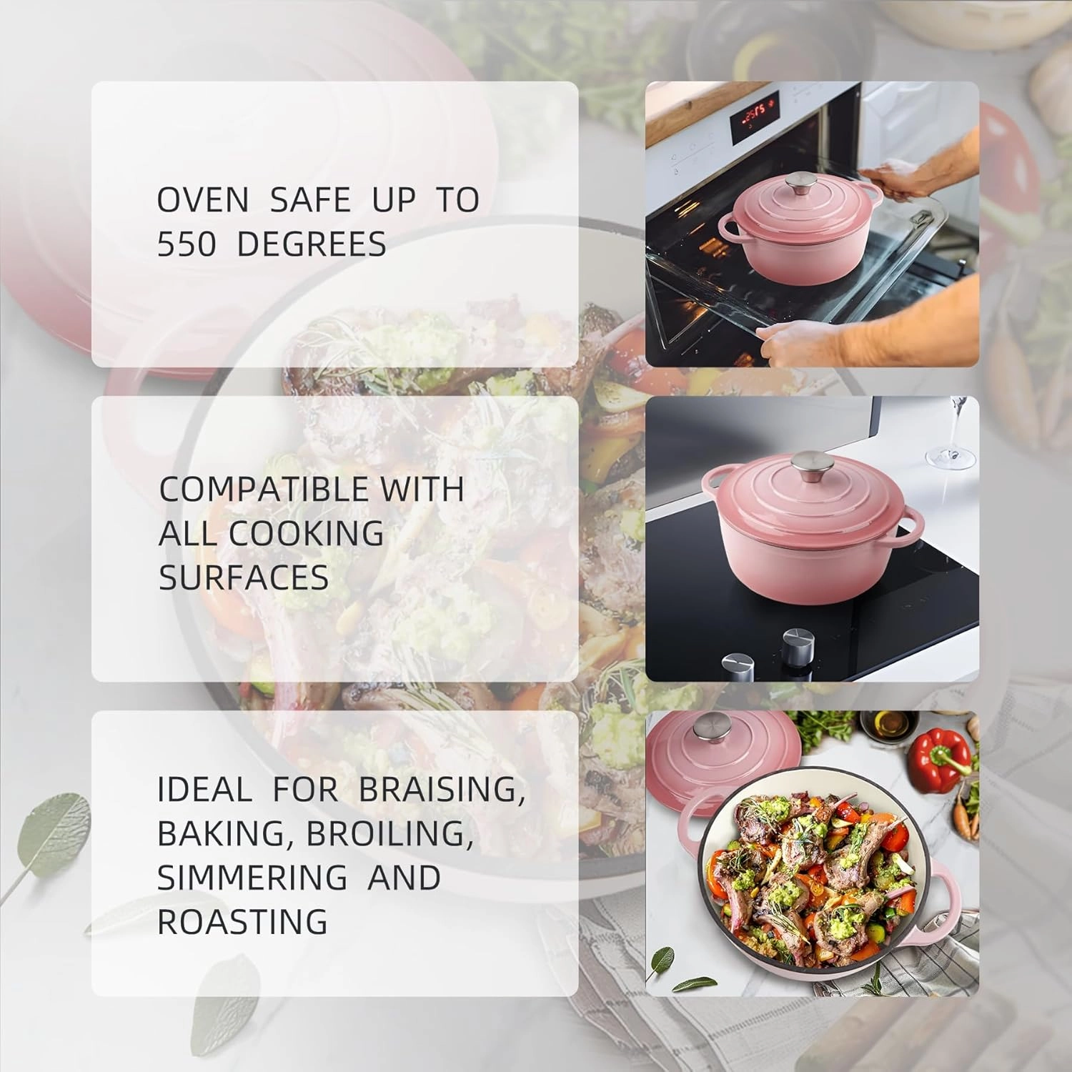 6 Quart Enameled Cast Iron Dutch Oven with Lid - Big Dual Handles - Oven Safe up to 500°F - Classic Round Pot for Versatile Cooking Pink
