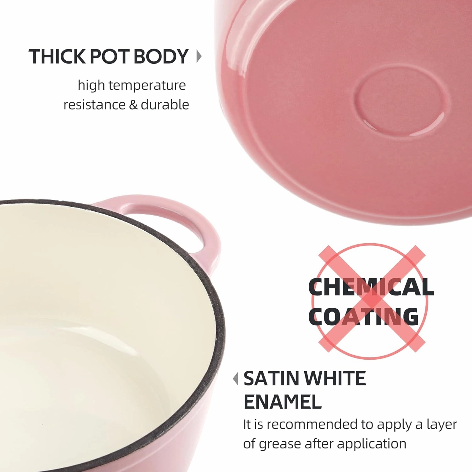 6 Quart Enameled Cast Iron Dutch Oven with Lid - Big Dual Handles - Oven Safe up to 500°F - Classic Round Pot for Versatile Cooking Pink
