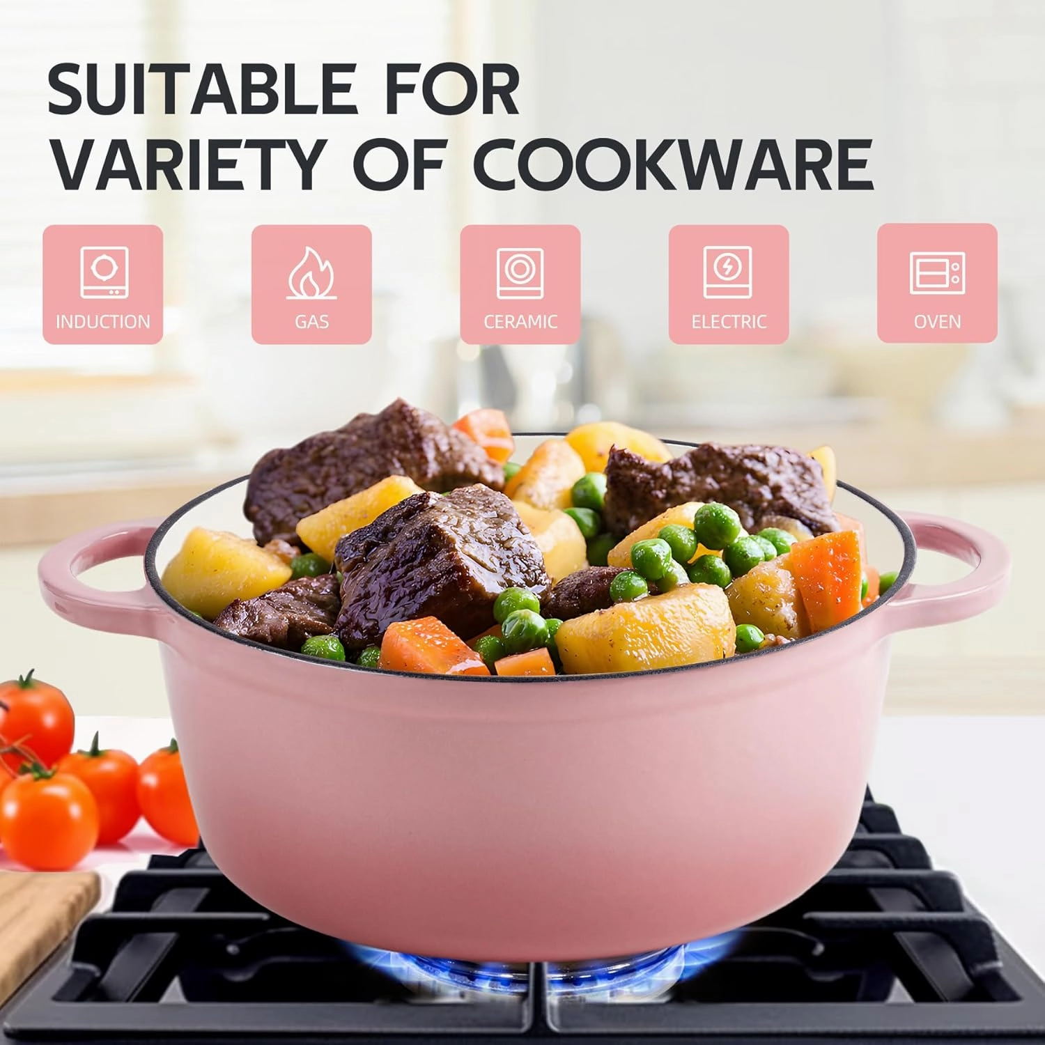 6 Quart Enameled Cast Iron Dutch Oven with Lid - Big Dual Handles - Oven Safe up to 500°F - Classic Round Pot for Versatile Cooking Pink