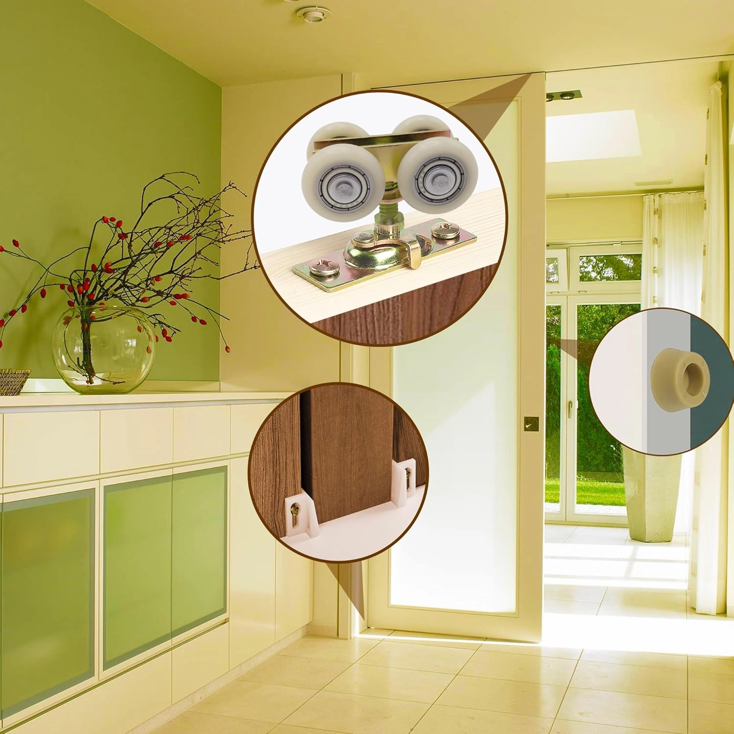 7/8" Pocket Door Ball Bearing Quad Hangers Fit 7/8" C.T.C. V Type Tracks, Upgraded N 7449 with Quick-Release, Min. 1" Thick Doors, 2 Pack