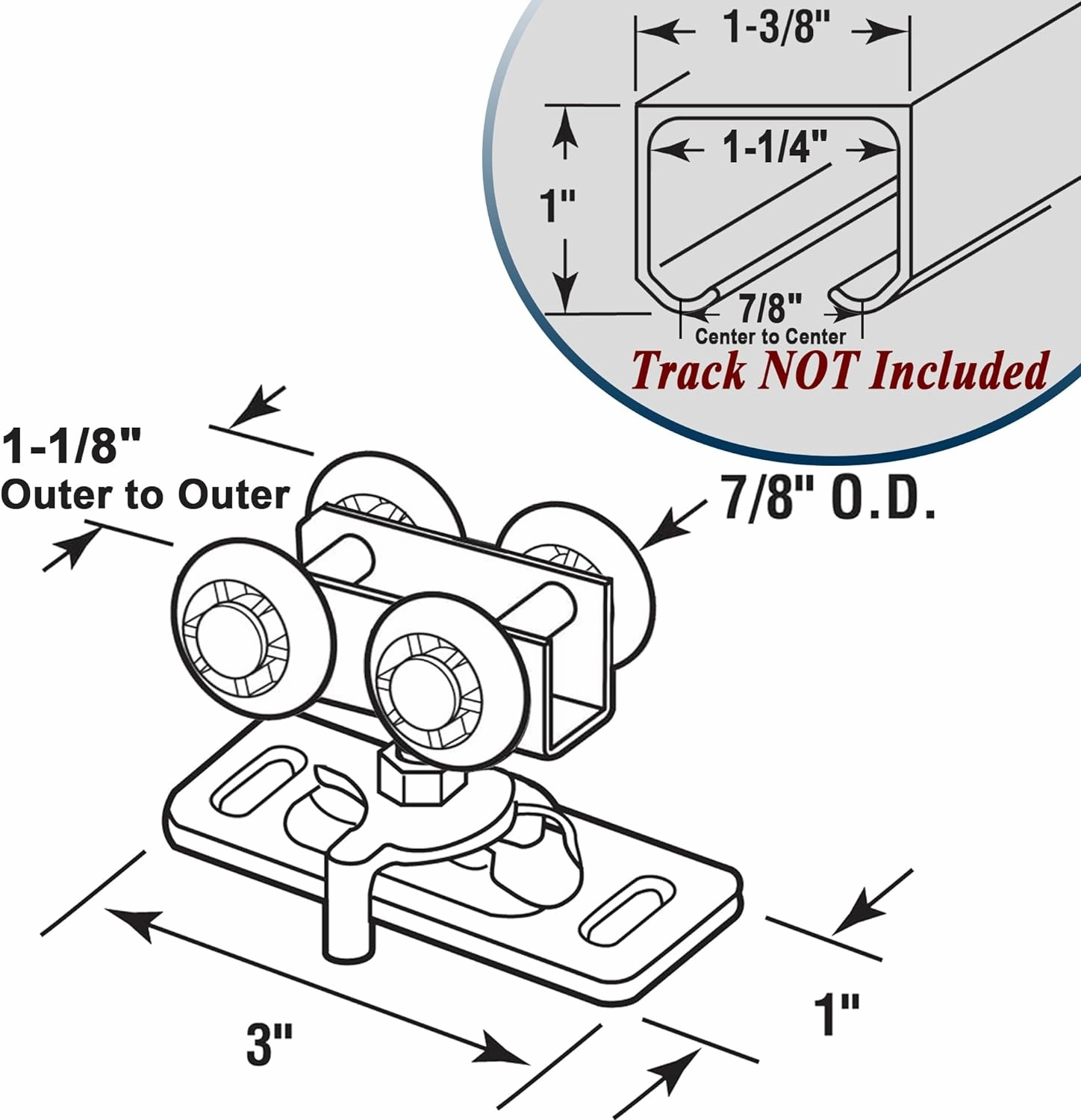 7/8" Pocket Door Ball Bearing Quad Hangers Fit 7/8" C.T.C. V Type Tracks, Upgraded N 7449 with Quick-Release, Min. 1" Thick Doors, 2 Pack