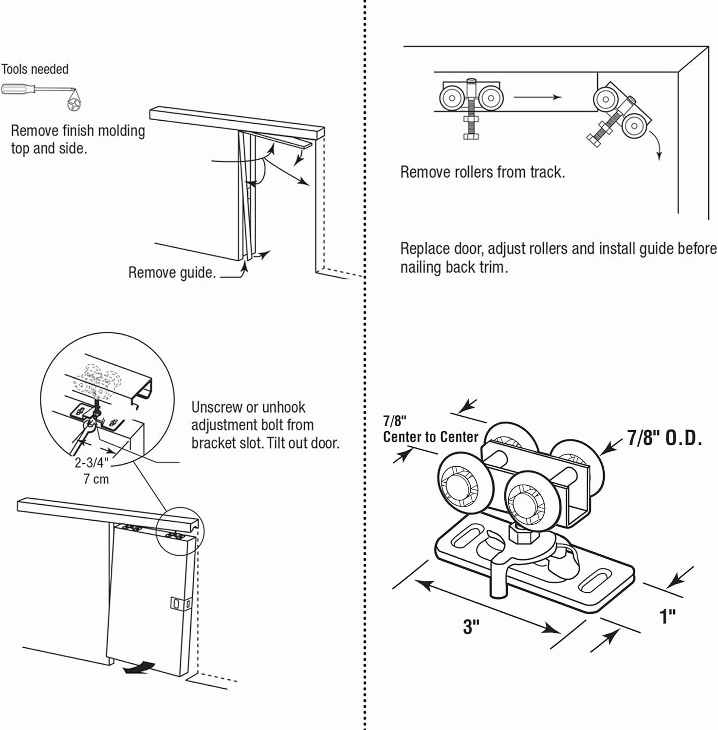 7/8" Pocket Door Ball Bearing Quad Hangers Fit 7/8" C.T.C. V Type Tracks, Upgraded N 7449 with Quick-Release, Min. 1" Thick Doors, 2 Pack