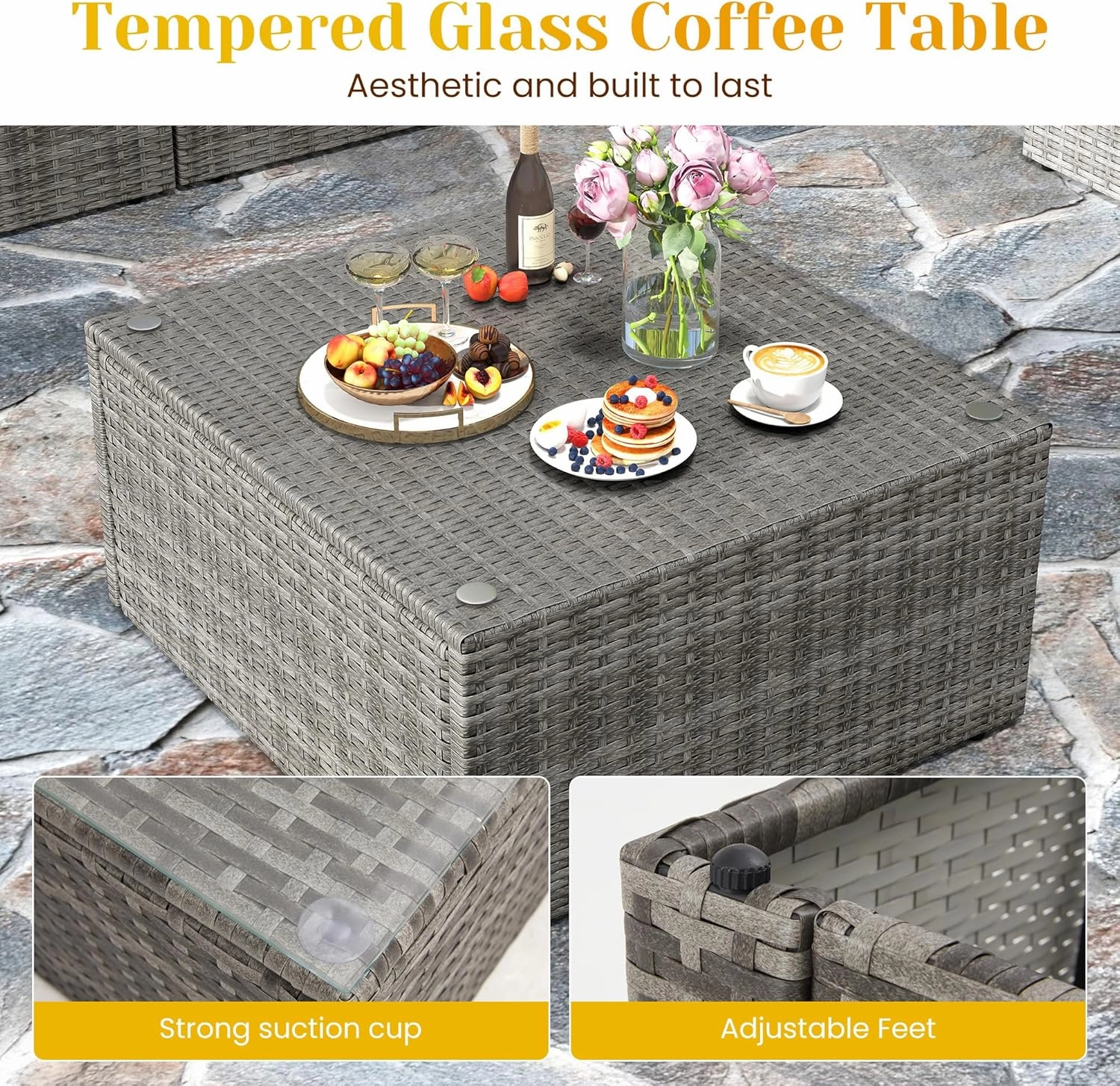 7 Pieces Outdoor Patio Furniture Sets with Glass Tea Table, PE Rattan Wicker Patio Conversation Set with Washable Cushions, Outdoor Patio Sectional Sofa Couch, Grey