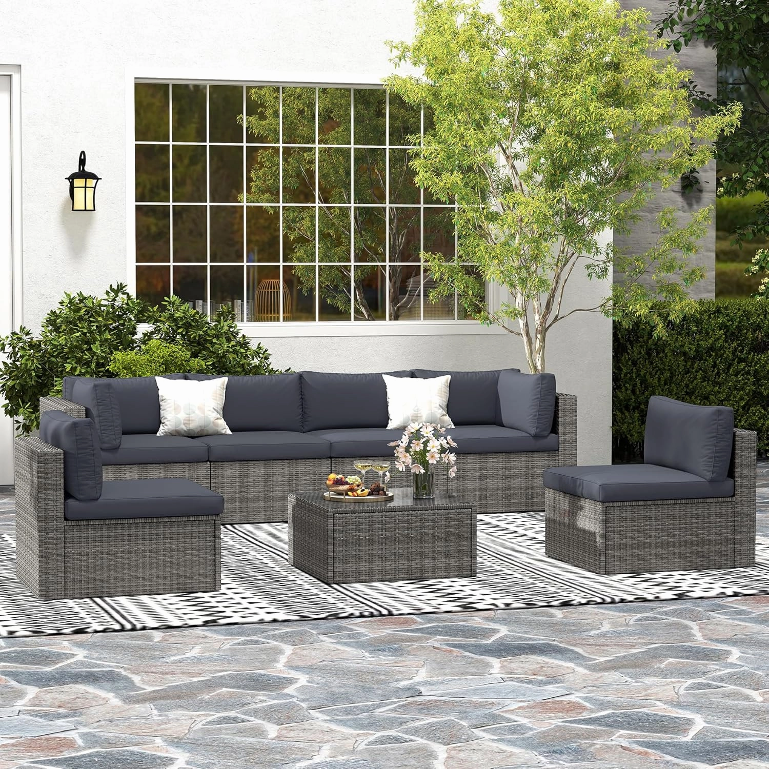 7 Pieces Outdoor Patio Furniture Sets with Glass Tea Table, PE Rattan Wicker Patio Conversation Set with Washable Cushions, Outdoor Patio Sectional Sofa Couch, Grey