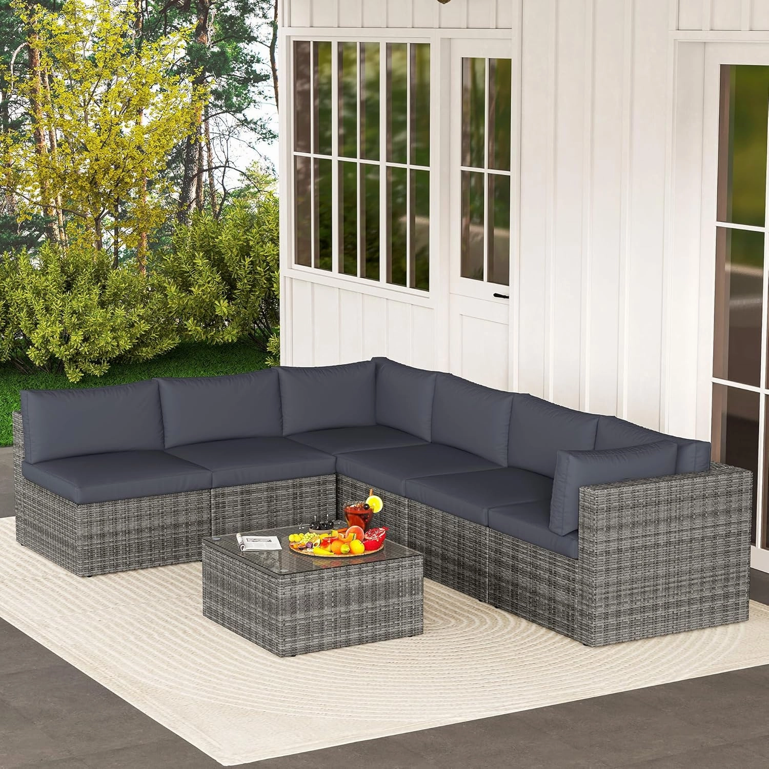7 Pieces Outdoor Patio Furniture Sets with Glass Tea Table, PE Rattan Wicker Patio Conversation Set with Washable Cushions, Outdoor Patio Sectional Sofa Couch, Grey