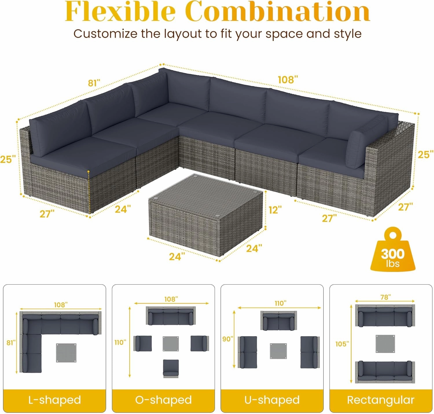 7 Pieces Outdoor Patio Furniture Sets with Glass Tea Table, PE Rattan Wicker Patio Conversation Set with Washable Cushions, Outdoor Patio Sectional Sofa Couch, Grey